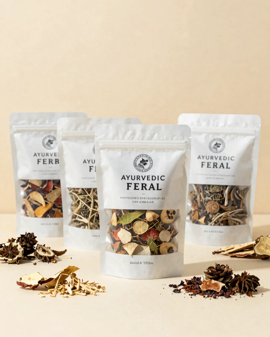 Editorial product photography of Ayurvedic herbal packaging and d