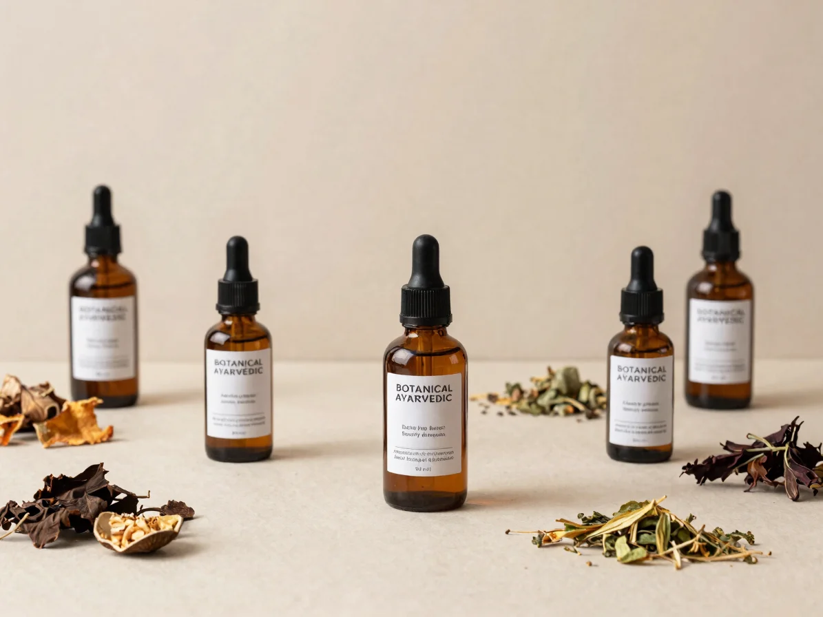 Botanical Ayurvedic beauty products with dried herbs and glass bottles, soft daylight, earth tones, 50mm lens