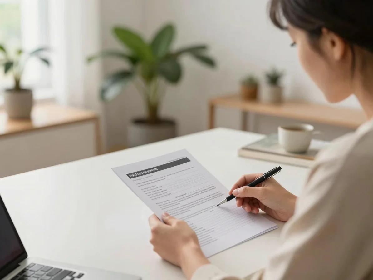 Natural, approachable professional reviewing a financial planning document at a bright home desk, soft daylight, 50mm le