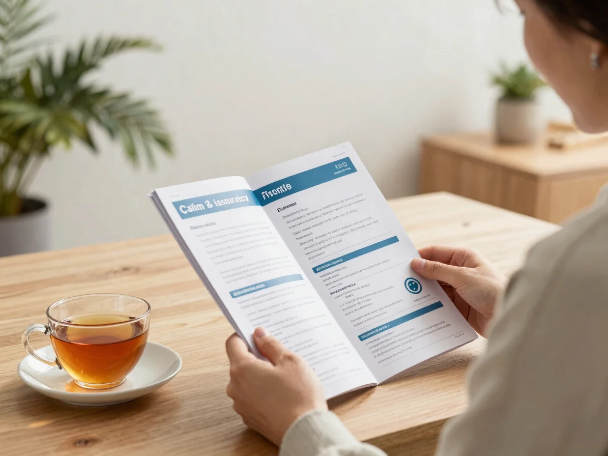 Calm everyday setting with a person reading an insurance brochure beside a cup of tea, soft daylight, 50mm lens