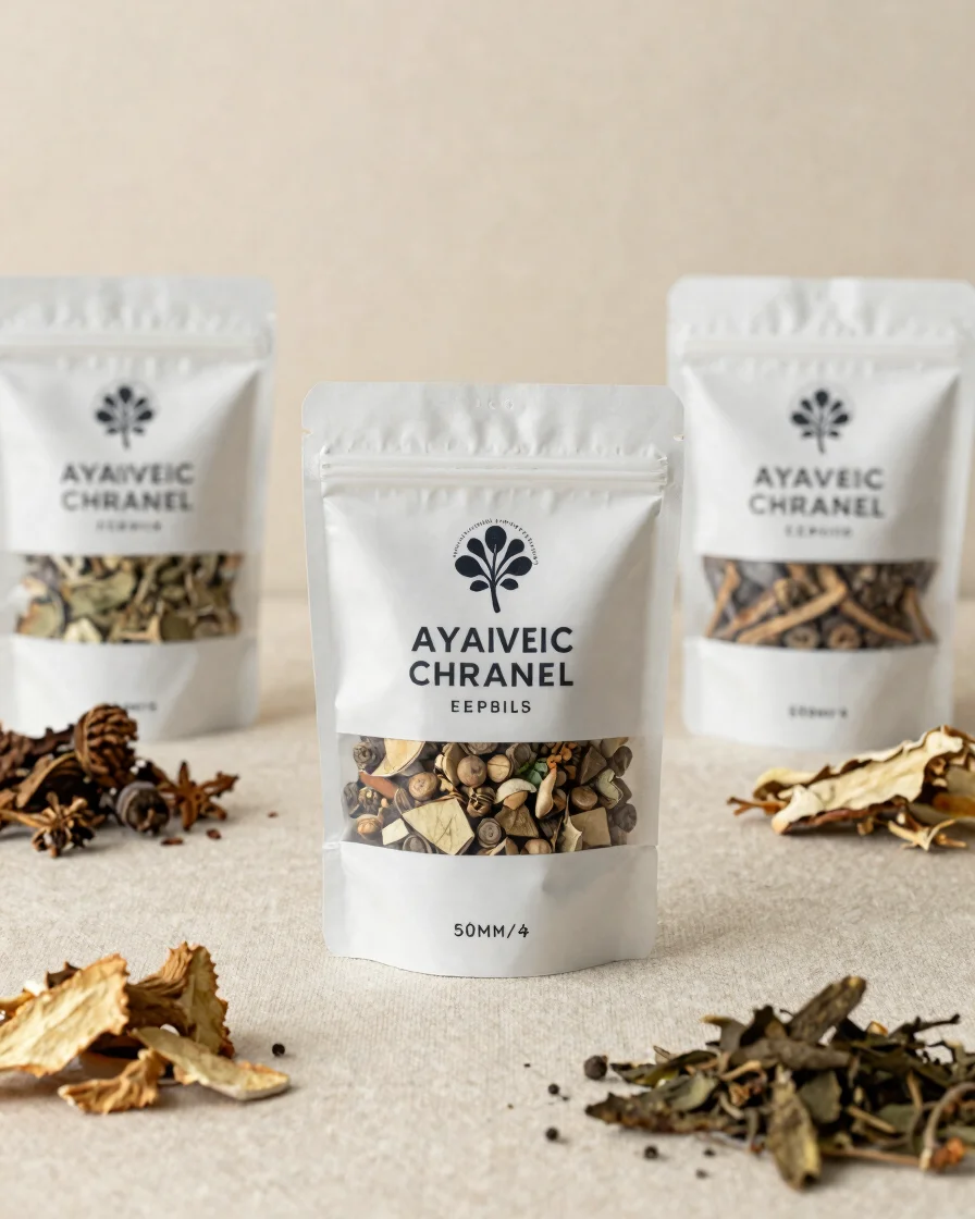 Editorial product still life of Ayurvedic herbal packaging and dried botanical ingredients on a natural linen surface, s